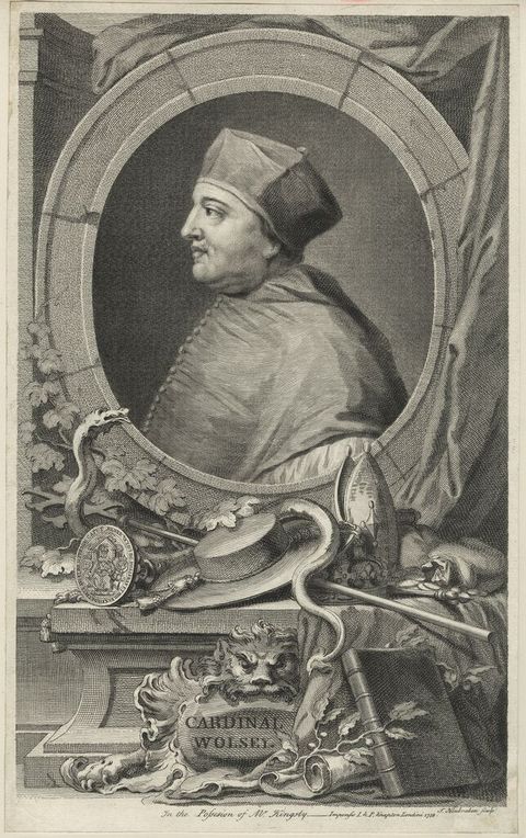 Print. Shown from the chest up in an oval frame, a clean shaven, heavily jowled man faces our left in profile. He wears a squared cap, and his robe has a long row of buttons down the front. The frame appears to be carved from stone and is piled with objects.