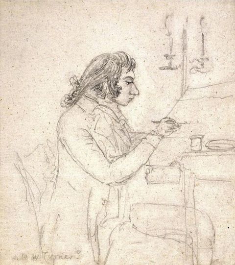 Drawing. A man sits drawing or painting at a desk. His dark hair, mutton chops, and profile are drawn in detail. His clothing, the desk, and a candlestick on the far side of the desk are more loosely sketched in.