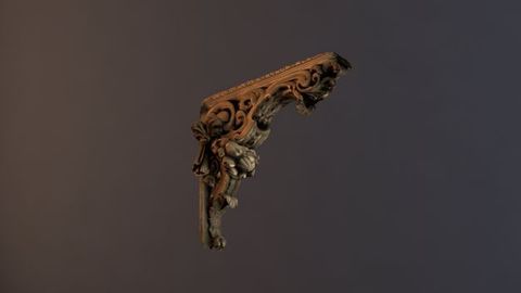 Digital model. The underside of a long bracket is filled curling and eddying scrolls and foliation.