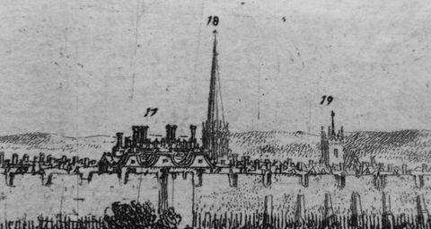 Print. Detail view of three buildings numbered 17, 18, and 19 along a horizon.