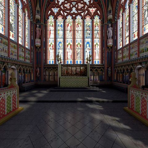 Digital visualization. The wall at the end of the space we occupy is filled, nearly floor to ceiling, with six bays of stained glass under a rose window. More coloured light pours in from windows along the walls. Nearly every surface is coloured red, blue, green, white, or gold.