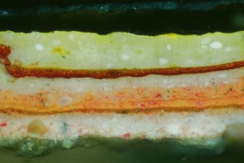 Microscopic cross section of paint. From the bottom up, layers are pine green, white, marigold orange, rust red, and lemon-lime flicked with white.